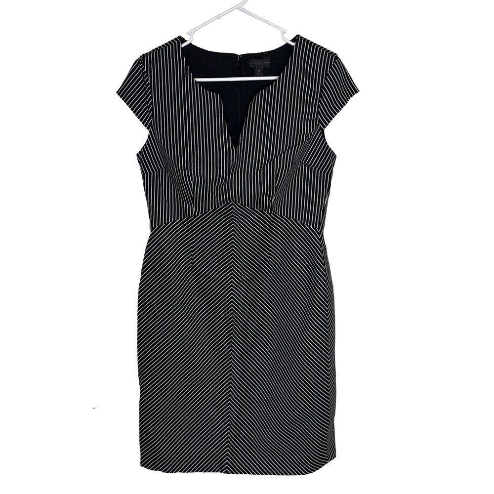 WORTHINGTON Women’s Black White Striped Sheath Knee Length Cap Sleeve Dress Sz 8